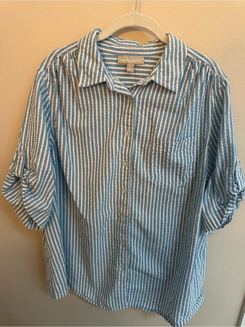Woman Within 18/20 Blue White Striped Seersucker Cotton Button Down Shirt